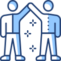 A blue and white icon of two people giving each other a high five.