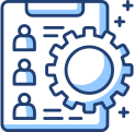 A blue and white icon of a clipboard with 3 people’s silhouettes and a cogwheel in front of it.
