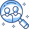 A blue and white icon of a magnifying glass with two people inside.